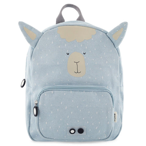 2. Front view of blue Mr Alpaca backpack with alpaca face design, front pocket, and top handle, made from water-repellent cotton