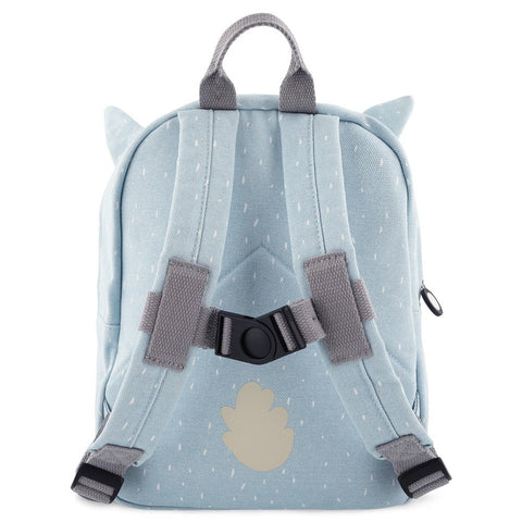 2. Back view of blue Mr Alpaca backpack showing adjustable padded shoulder straps and chest strap, made from water-repellent cotton