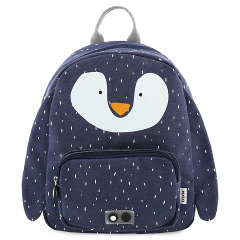 2. Front view of navy blue Mr Penguin backpack with white penguin face and front pocket, featuring easy zipper and Trixie Baby logo
