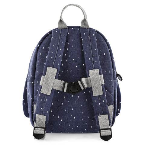 5. Back view of navy blue Mr Penguin backpack showing adjustable padded shoulder straps and chest strap