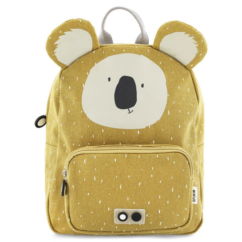 2. Front view of Trixie Baby Mr Koala backpack in mustard yellow with koala face design, featuring front pocket and ears, on white background