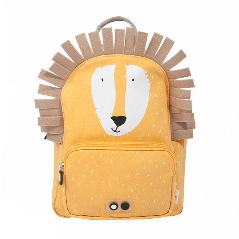 2. Front view of Trixie Baby Mr Lion backpack in yellow with lion face and mane, featuring front pocket and zipper on white background