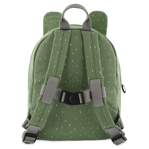 3. Back view of green Mr Frog backpack by Trixie Baby showing adjustable padded shoulder straps and chest strap
