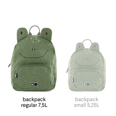 4. Comparison of regular 7.5L and small 5.25L Mr Frog backpacks by Trixie Baby, both green with frog face design
