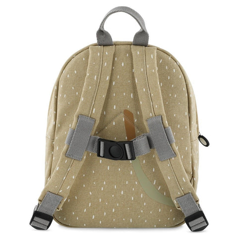 3. Back view of beige backpack showing adjustable grey shoulder straps and chest strap