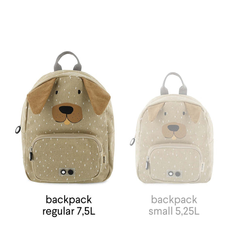 4. Comparison of two beige dog-themed backpacks, regular size 7.5L and small size 5.25L, both with front pockets
