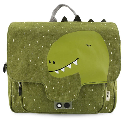 2. Green Mr Dino school bag with dinosaur face and spikes, front view, Trixie Baby brand