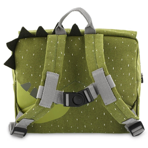 2. Back view of green Mr Dino school bag showing adjustable straps and chest strap, Trixie Baby