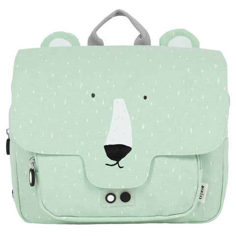 1. Trixie Baby Mr Polar Bear school bag in mint green with bear face design, front view showing main compartment and front pocket