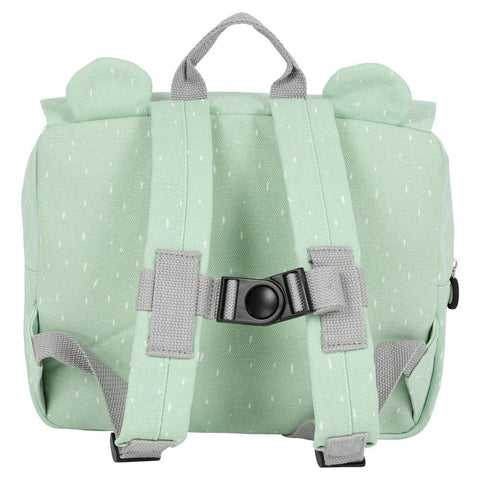 3. Back view of Trixie Baby Mr Polar Bear school bag in mint green, showing adjustable padded shoulder straps and chest strap