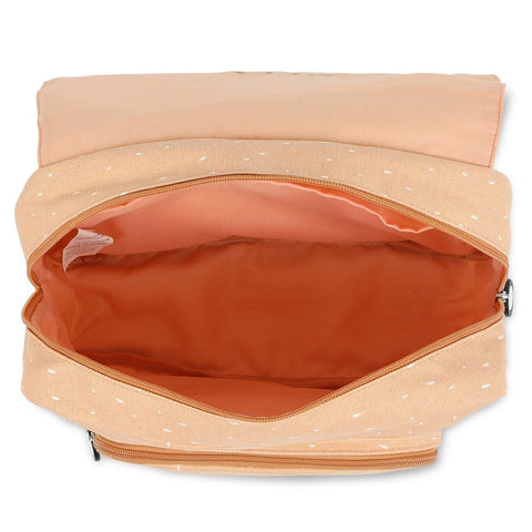 3. Interior view of Trixie Baby Mrs Giraffe school bag showing spacious main compartment with orange lining