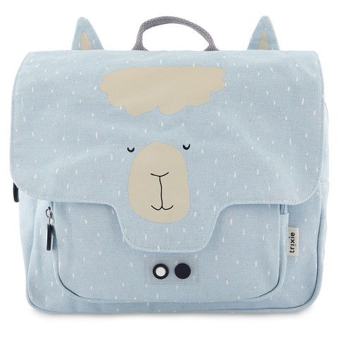 1. Light blue children's school bag with alpaca face design, featuring Trixie Baby logo on front pocket