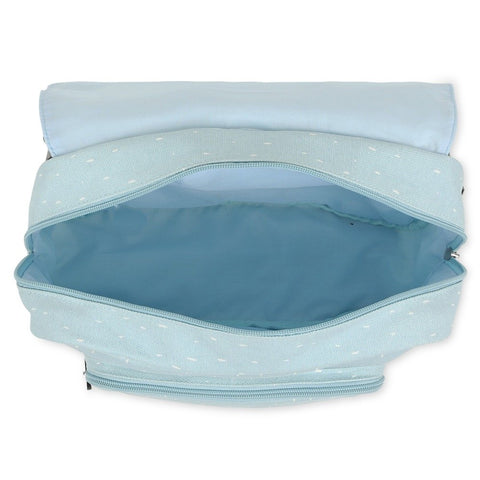 3. Open view of spacious main compartment of light blue alpaca-themed school bag
