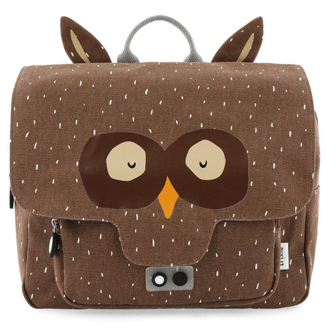 2. Brown owl-themed school bag with ears and face design, featuring a front pocket and handle, on a white background