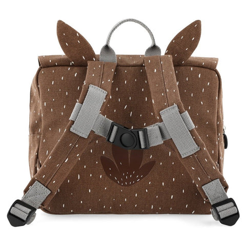 3. Back view of brown owl-themed school bag with adjustable padded shoulder straps and chest strap