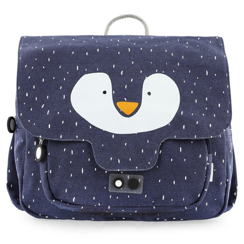 2. Front view of navy blue school bag with penguin face design and front pocket, featuring easy-to-use zippers
