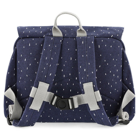 2. Back view of navy blue school bag with adjustable padded shoulder straps and chest strap