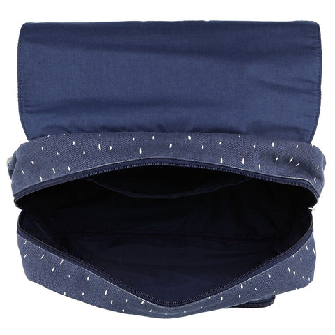 3. Open view of navy blue school bag showing spacious main compartment with cotton lining