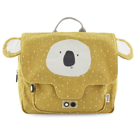 2. Front view of Trixie Baby Mr Koala school bag in mustard yellow with koala face design and ears, featuring front pocket and brand tag