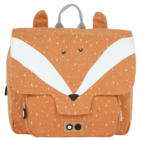 1. Trixie Baby Mr Fox school bag in orange with fox face design, featuring ears and a handle on top