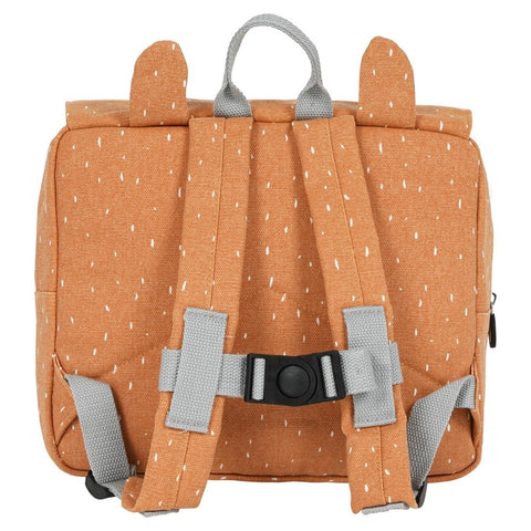 2. Back view of Trixie Baby Mr Fox school bag with adjustable grey shoulder straps and chest strap