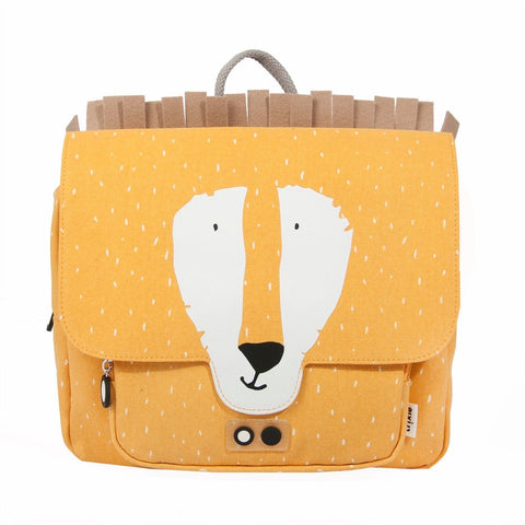 1. Front view of Trixie Baby Mr Lion school bag in yellow with lion face design and front pocket