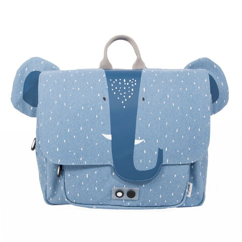 1. Blue children's school bag with elephant design, featuring ears and trunk, on a white background