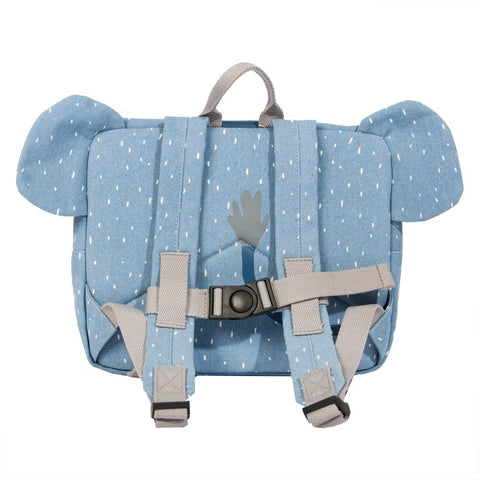 2. Back view of blue children's school bag with adjustable grey straps and chest strap, elephant design