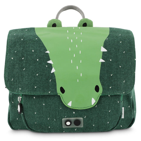 1. Green Mr Crocodile school bag with crocodile face design on front flap, featuring a short handle and front pocket, made of cotton with water repellent coating