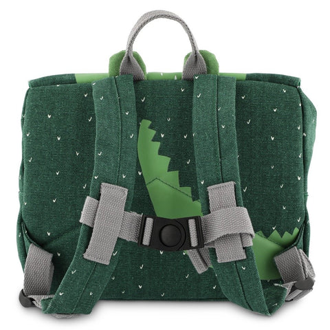 3. Back view of green Mr Crocodile school bag showing adjustable padded shoulder straps and secure chest strap