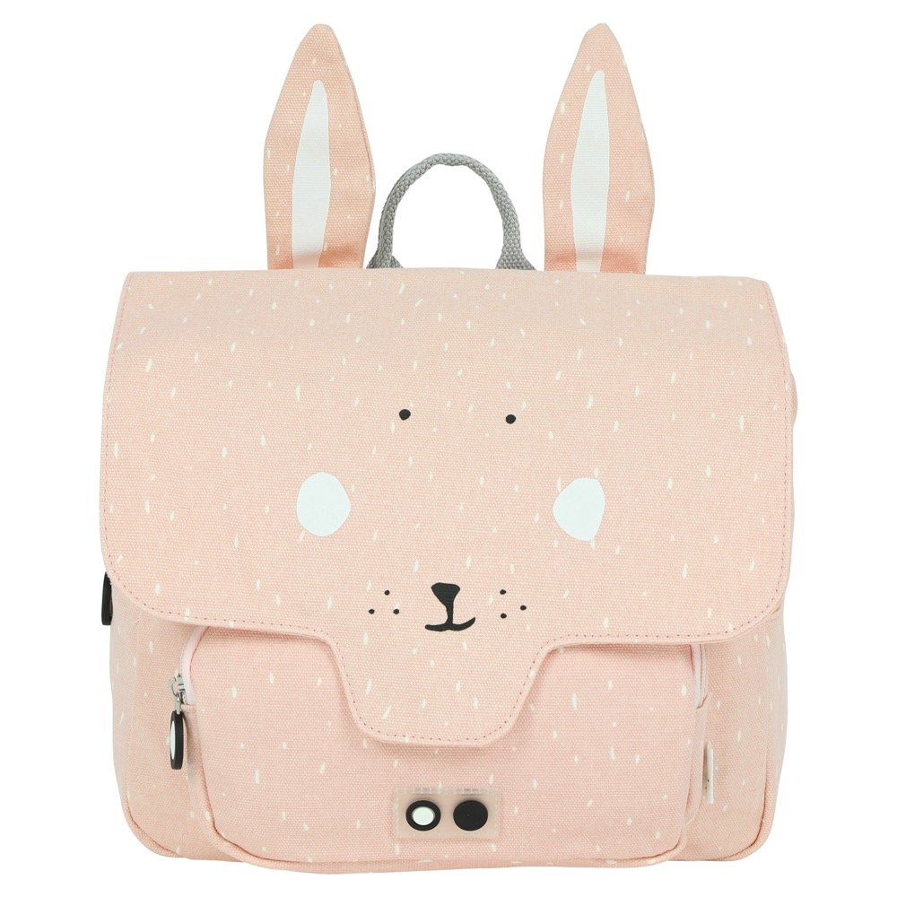1. Front view of Trixie Baby's Mrs Rabbit school bag in pink with rabbit face and ears, featuring a front pocket and zipper details