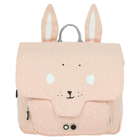 1. Front view of Trixie Baby's Mrs Rabbit school bag in pink with rabbit face and ears, featuring a front pocket and zipper details