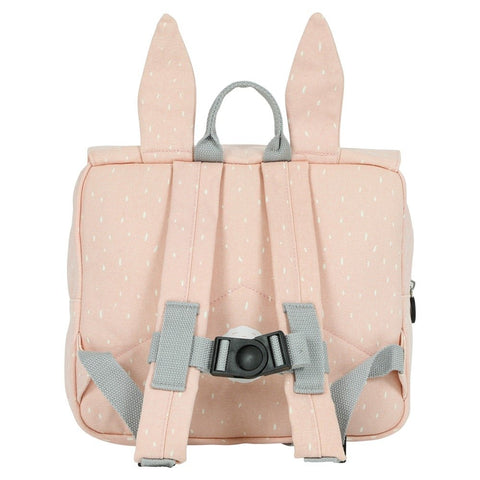 2. Back view of Trixie Baby's Mrs Rabbit school bag showing adjustable padded shoulder straps and secure chest strap