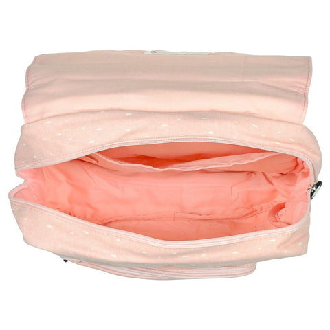 4. Interior view of Trixie Baby's Mrs Rabbit school bag showing spacious main compartment and pink cotton lining