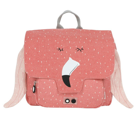 4. Front view of pink school bag with flamingo face design, featuring top handle and front pocket with zipper
