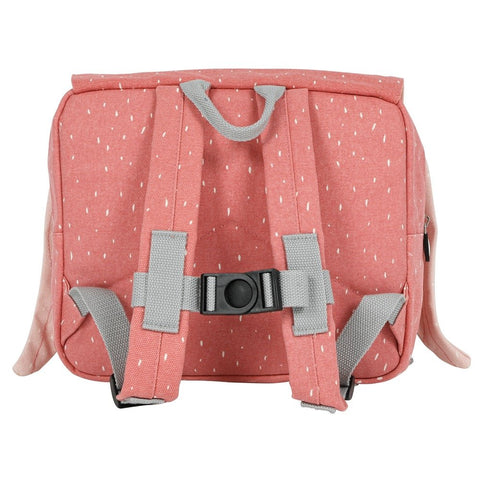 3. Back view of pink school bag with adjustable padded shoulder straps and secure chest strap, highlighting comfort features