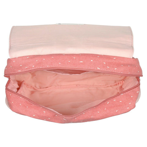 2. Interior view of pink school bag showing spacious main compartment with light pink lining and zipper closure