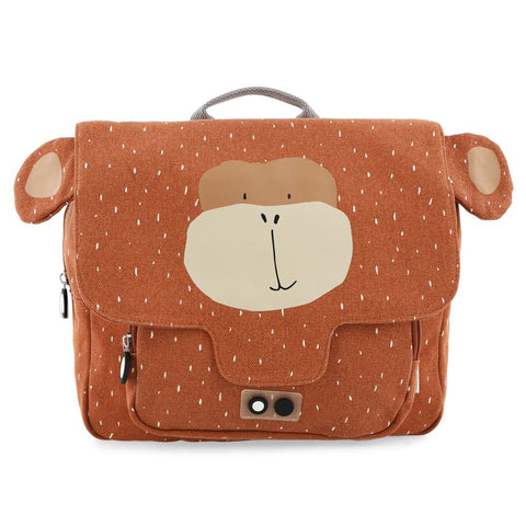 2. Trixie Baby Mr Monkey school bag in brown with monkey face and ears, front view showing front pocket and zippers