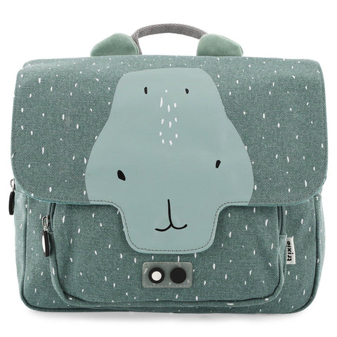 2. Front view of Trixie Baby Mr Hippo school bag with hippo face design and front pocket