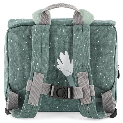 4. Back view of Trixie Baby Mr Hippo school bag highlighting adjustable shoulder straps and chest strap