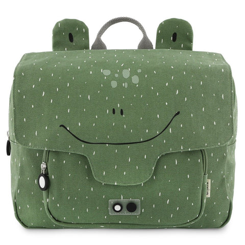 1. Green Mr Frog school bag with smiling face design and ear details on a white background