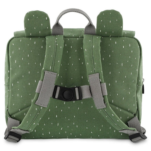 4. Back view of green Mr Frog school bag highlighting adjustable padded shoulder straps and chest strap