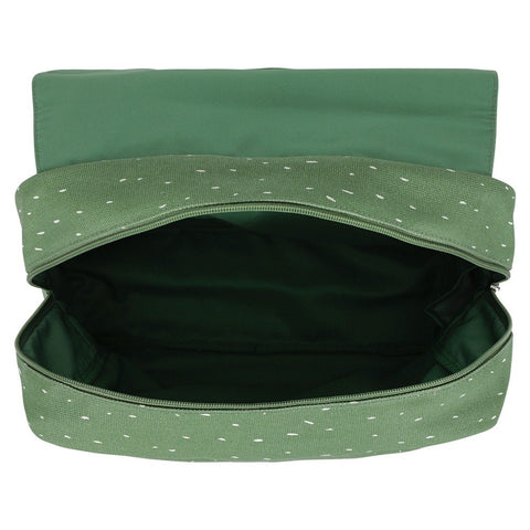 3. Open view of green Mr Frog school bag showing spacious interior and cotton lining