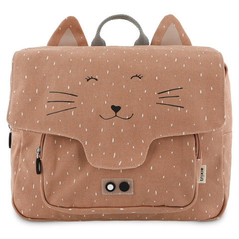3. Front view of brown school bag with cat face design, front pocket, and top handle