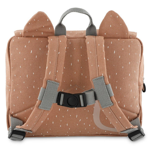 2. Back view of brown school bag with adjustable padded straps and chest strap, cat ear design