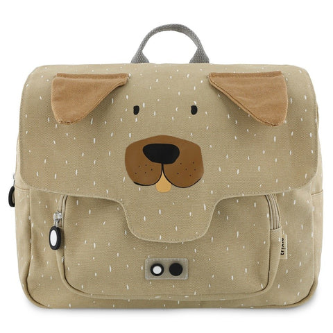 2. Trixie Baby Mr Dog school bag in beige with dog face design, front view showing front pocket and top handle