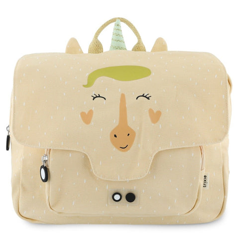 1. Trixie Baby Mrs Unicorn school bag in beige with unicorn face design, featuring top handle and front pocket, on a white background