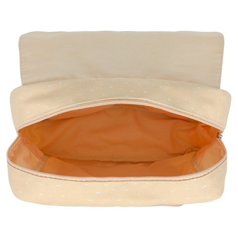 2. Open view of Trixie Baby Mrs Unicorn school bag showing spacious main compartment with orange lining