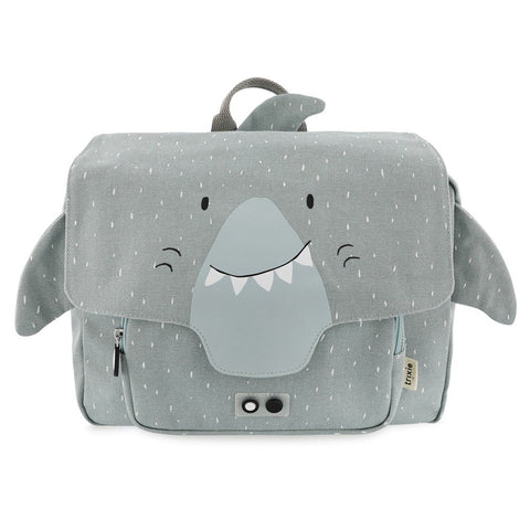 4. Front view of light blue children's school bag with smiling shark face design, front pocket, and Trixie Baby label