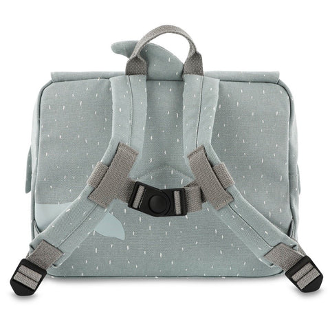 2. Back view of light blue children's school bag with adjustable padded shoulder straps and chest strap, showcasing durable construction